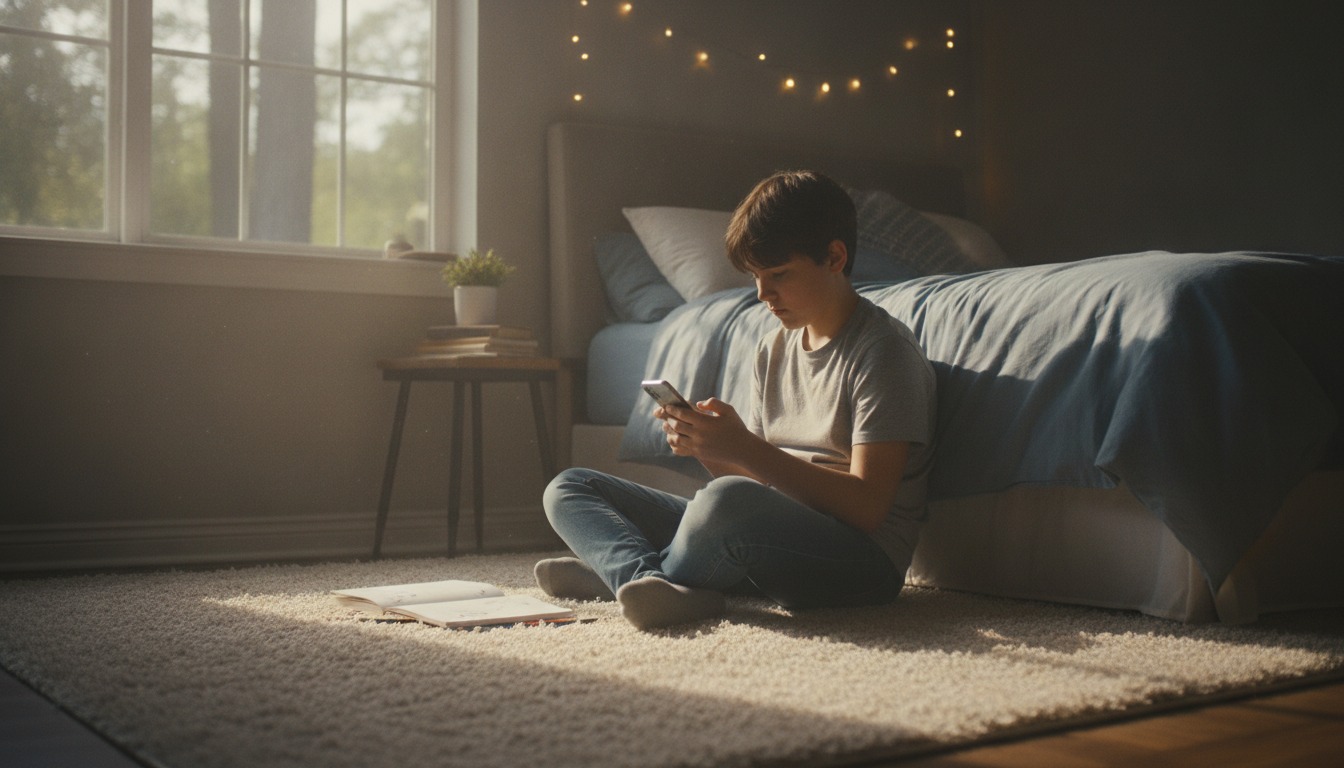 Teenager sitting on a bedroom floor looking at a phone in soft afternoon light through a window