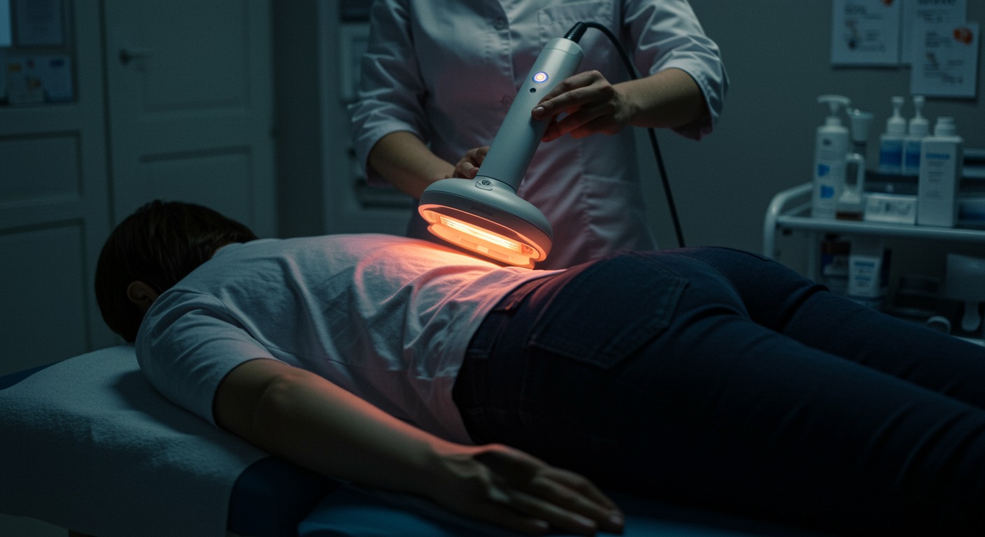 Person lying face down on a treatment table with infrared light being applied to their lower back in a physical therapy clinic