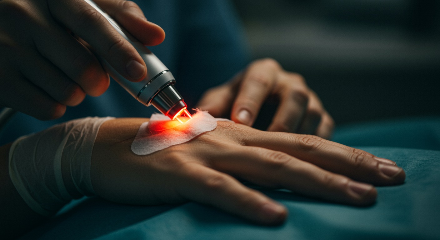 Close-up of a hand receiving low-level laser therapy on a healing surgical site with medical bandaging visible nearby