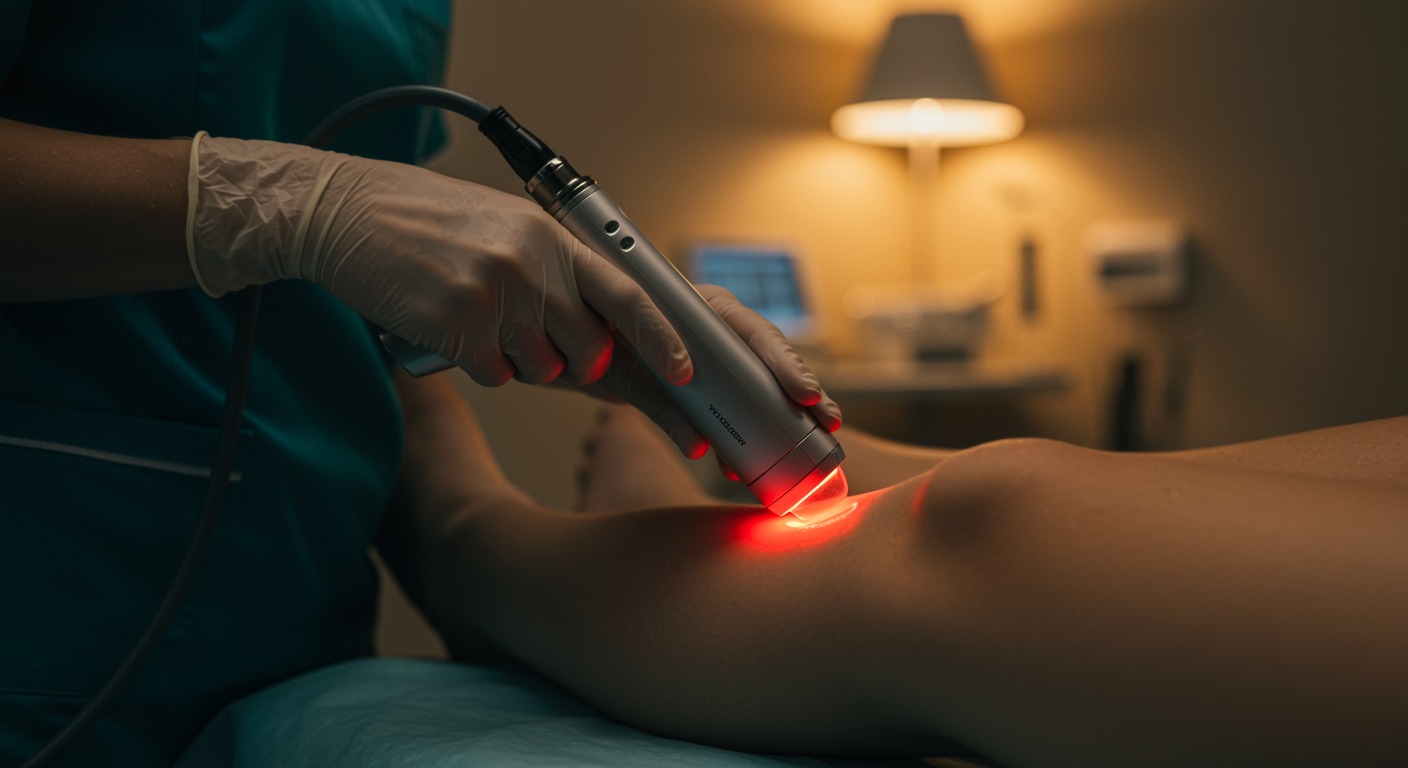 Close-up of a medical professional applying a red laser device to a patient's knee in a modern clinical treatment room with warm lighting