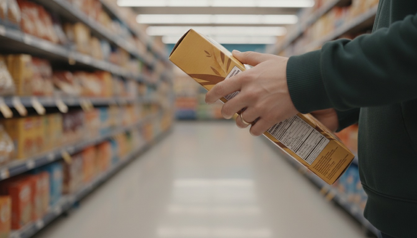 A shopper's hand turning over a cereal box in a grocery store aisle to read the back panel, soft overhead light, shelves of packaged foods blurred behind