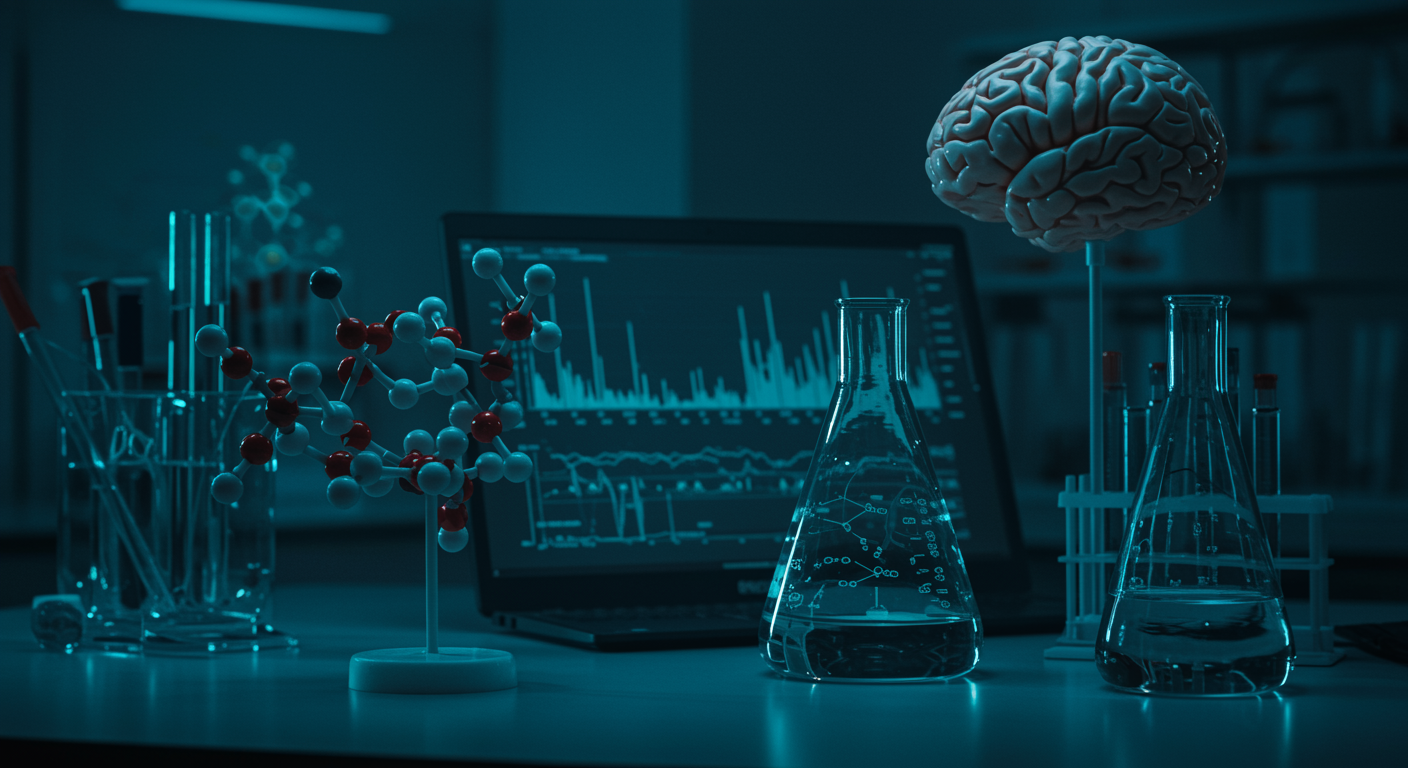Scientific laboratory with LSD molecular structure models and brain plasticity research data on neuroscience workstation