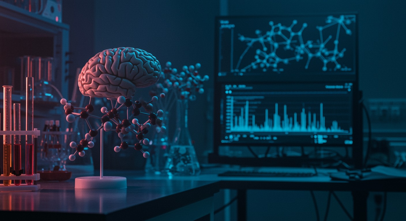 Scientific laboratory with LSD molecular structure models and brain plasticity research data on neuroscience workstation