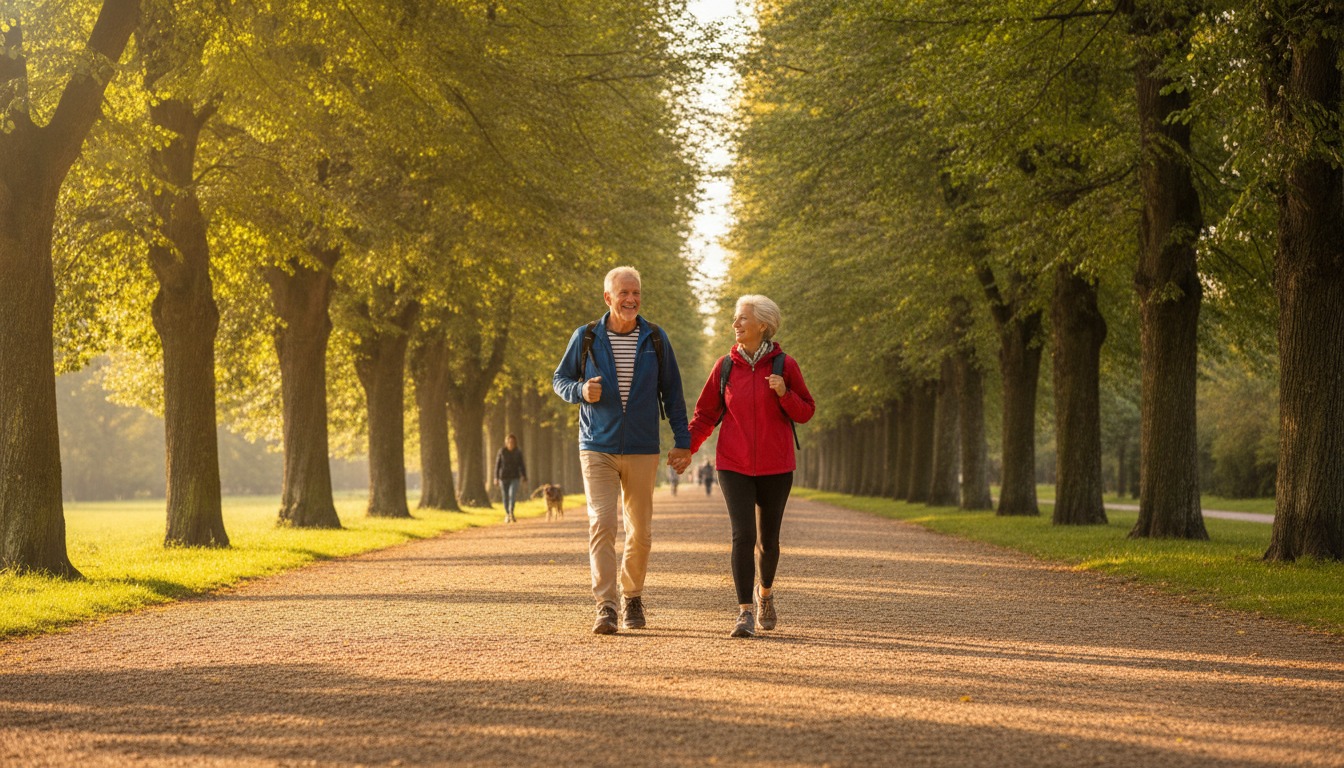 Older couple walking briskly together on a sunlit park path lined with green trees in warm golden afternoon light