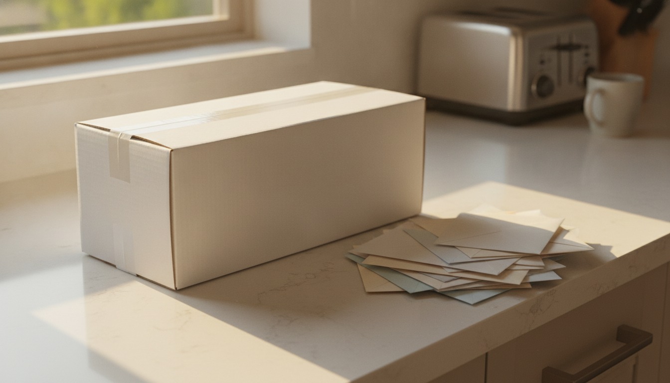 An unopened white cardboard mailer resting on a kitchen counter next to a stack of unread letters in morning light
