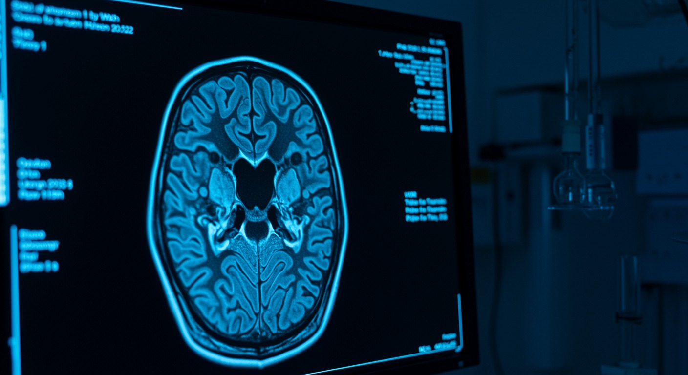 Close-up of a brain MRI scan displayed on a monitor in a dimly lit neuroscience lab with blue screen glow