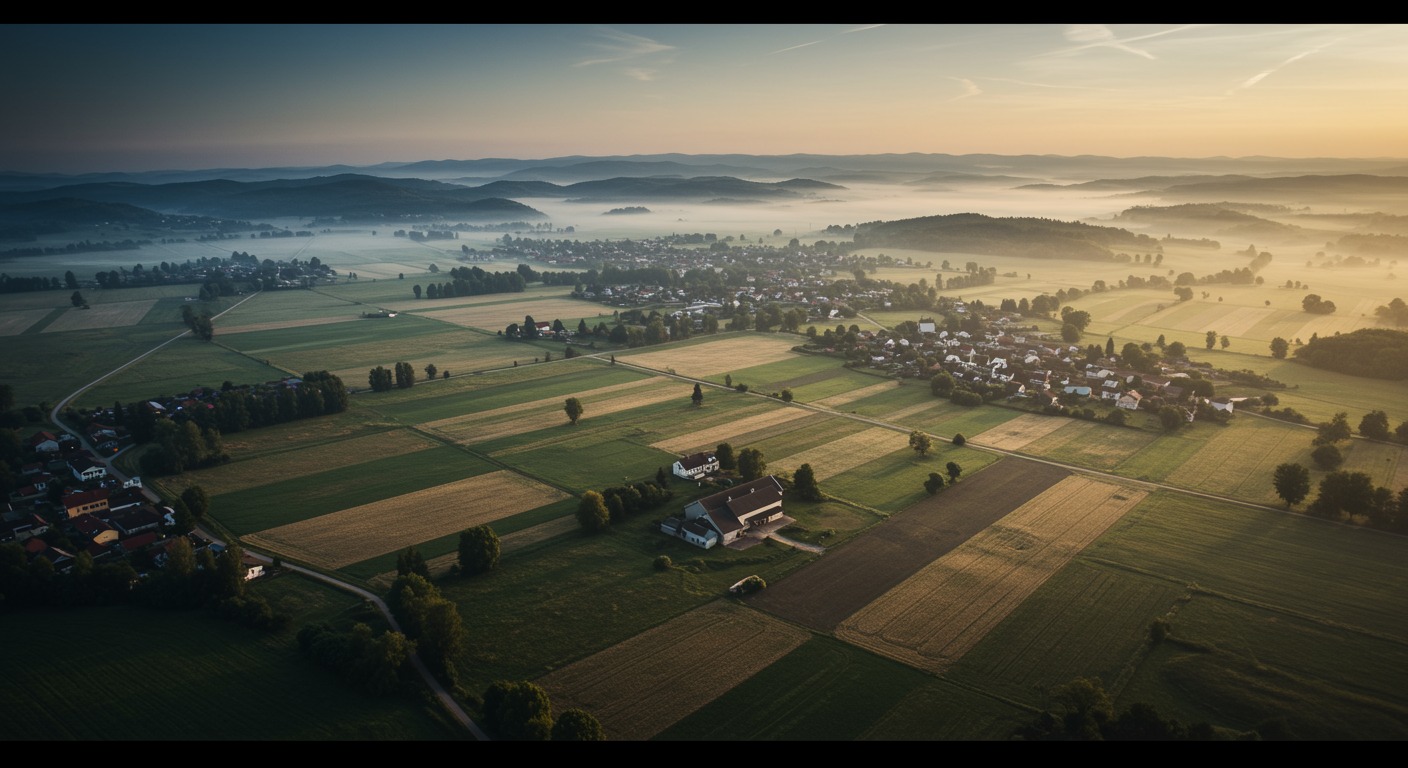 Aerial view of a rural farming valley with patchwork fields and a small village in soft morning light