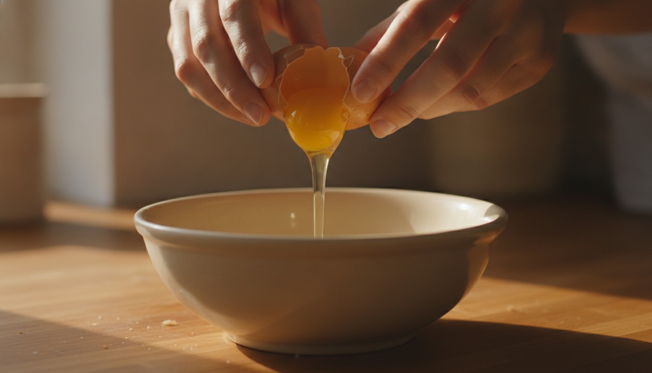 Close-up of a hand cracking a fresh brown egg into a ceramic bowl on a warm wooden countertop with soft morning light