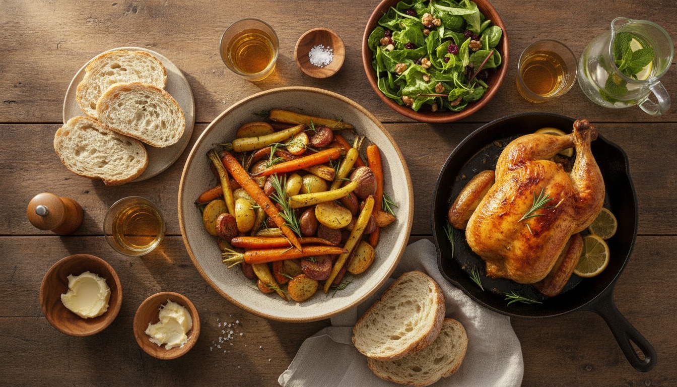 Overhead flat-lay of a wholesome home-cooked meal on a rustic wooden table with warm natural light and earthy tones