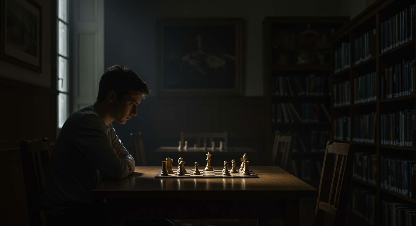 Person concentrating on a chess board in a quiet library with cool natural window light and deep shadows