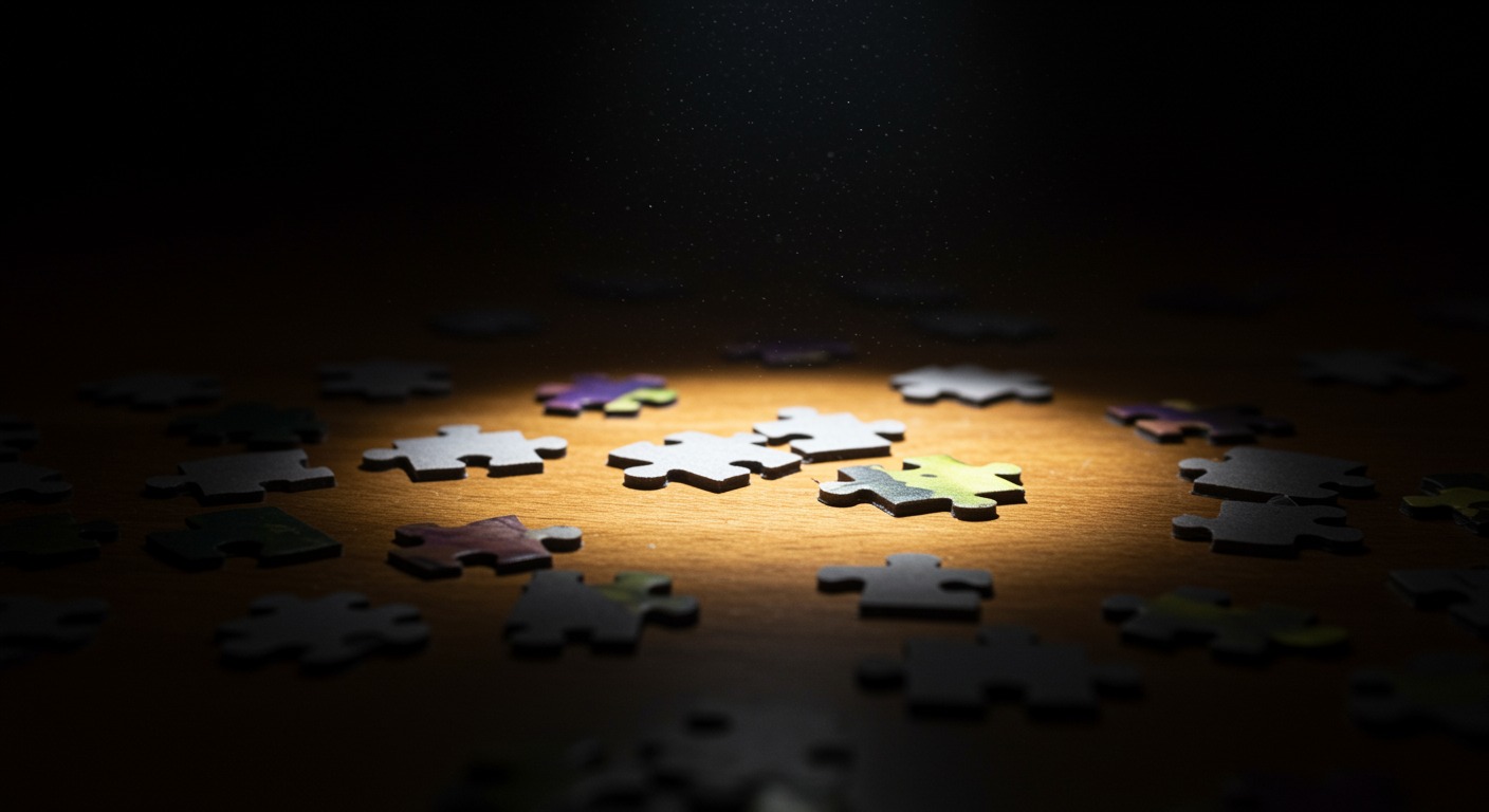 Close-up of puzzle pieces scattered on a wooden table with dramatic overhead spotlight