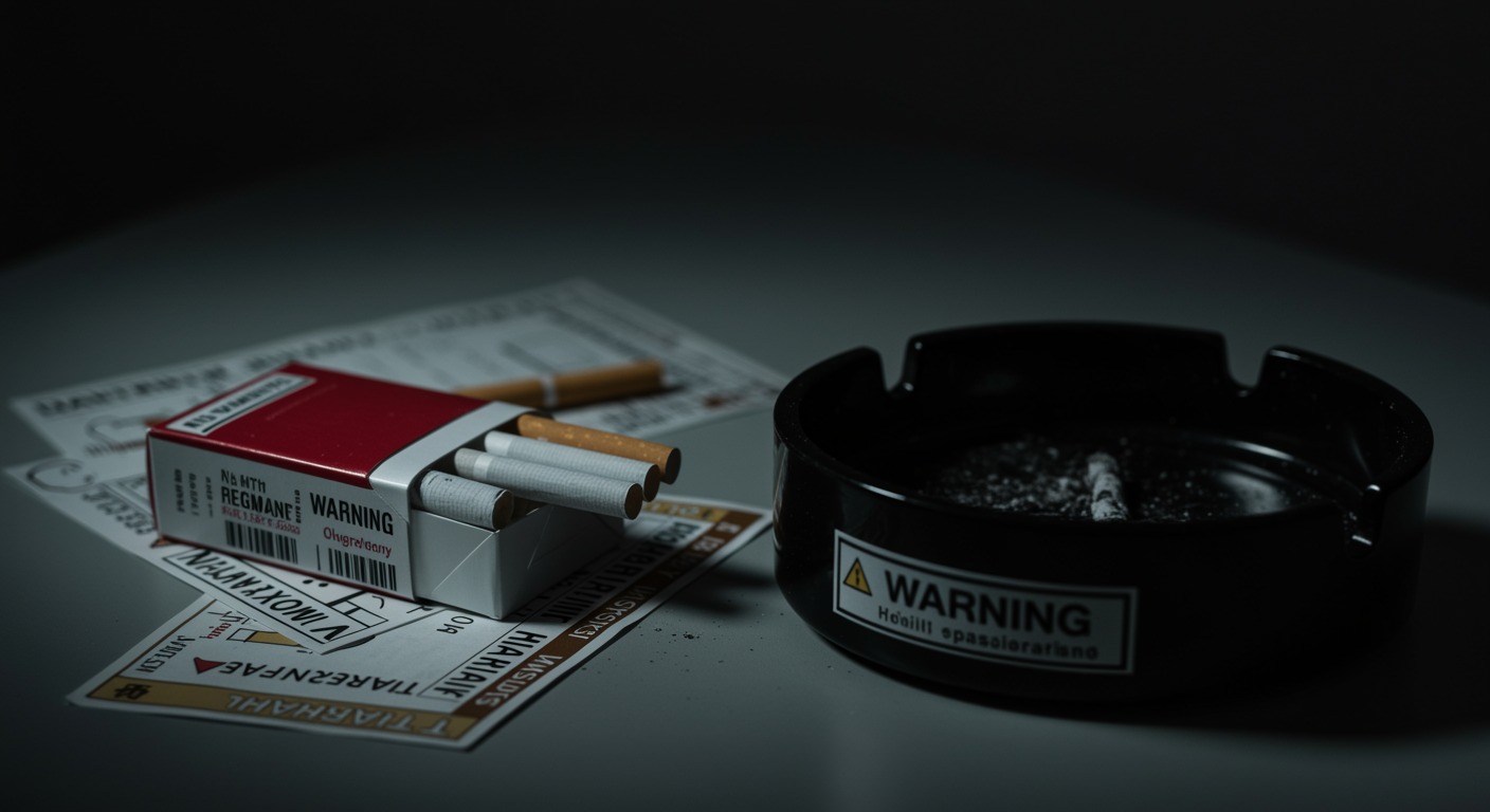 Cigarette pack and ashtray on a medical desk with health warning labels