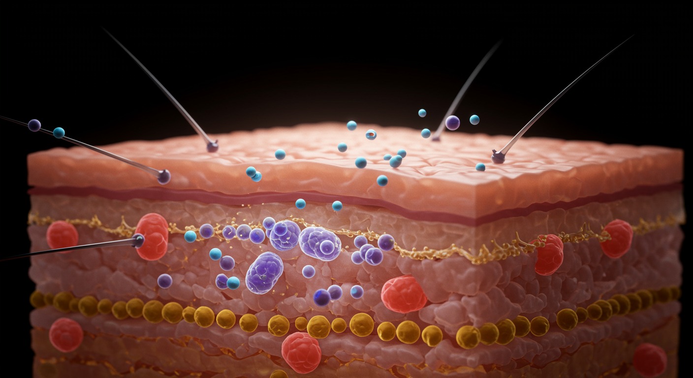 Educational diagram showing light photons entering skin layers and interacting with cell mitochondria, clean scientific illustration