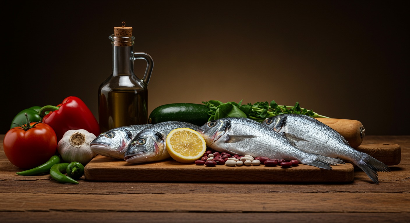 Wooden table with olive oil, fresh fish, legumes, and colorful vegetables in warm natural light