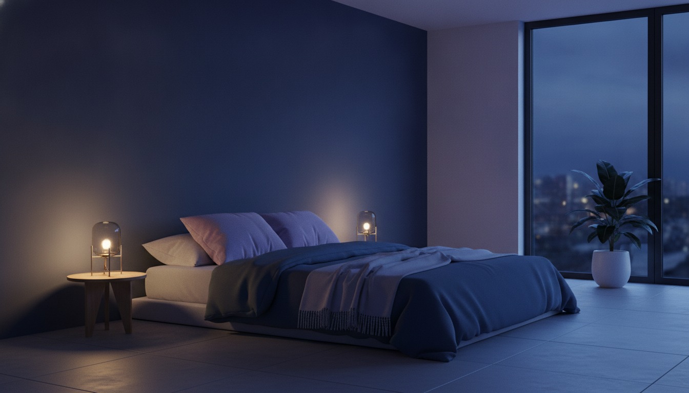Minimalist bedroom at twilight with deep blue and lavender tones and a single bedside lamp glowing