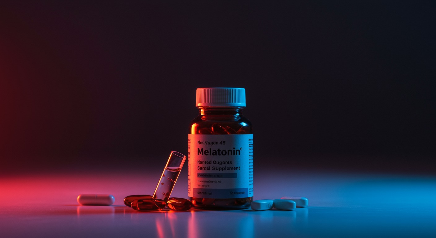 Photorealistic melatonin supplement bottles with quality control testing visualization, showing contamination and purity analysis, soft pharmaceutical safety lighting, no text