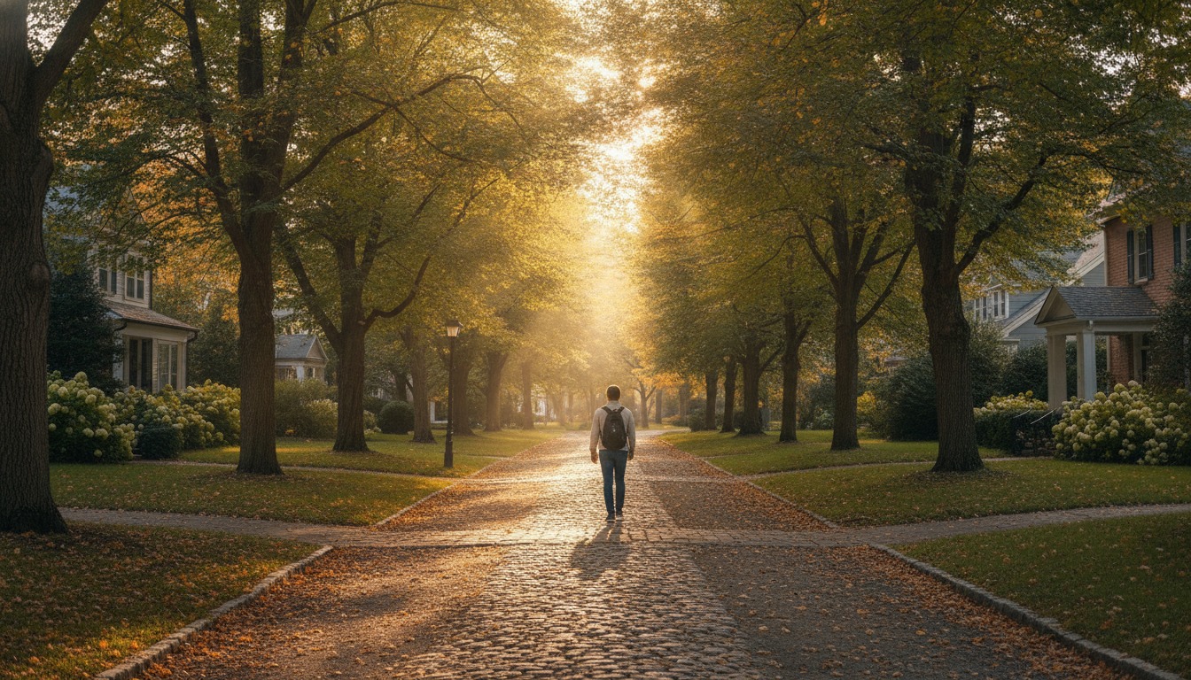 Person walking on a tree-lined neighborhood path on a sunny afternoon with warm golden light filtering through leaves