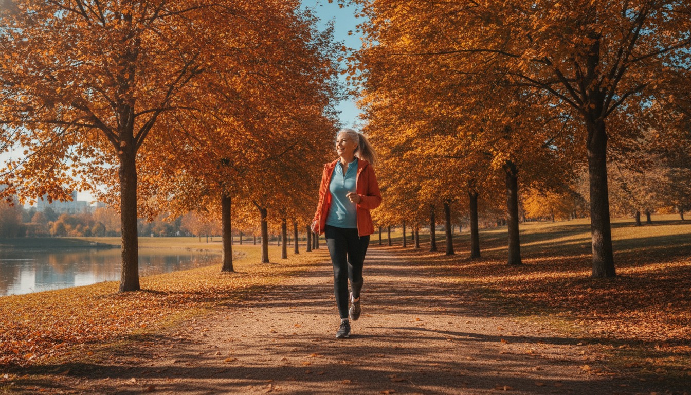Active older woman walking through a sunlit park path lined with autumn trees in warm amber and orange tones