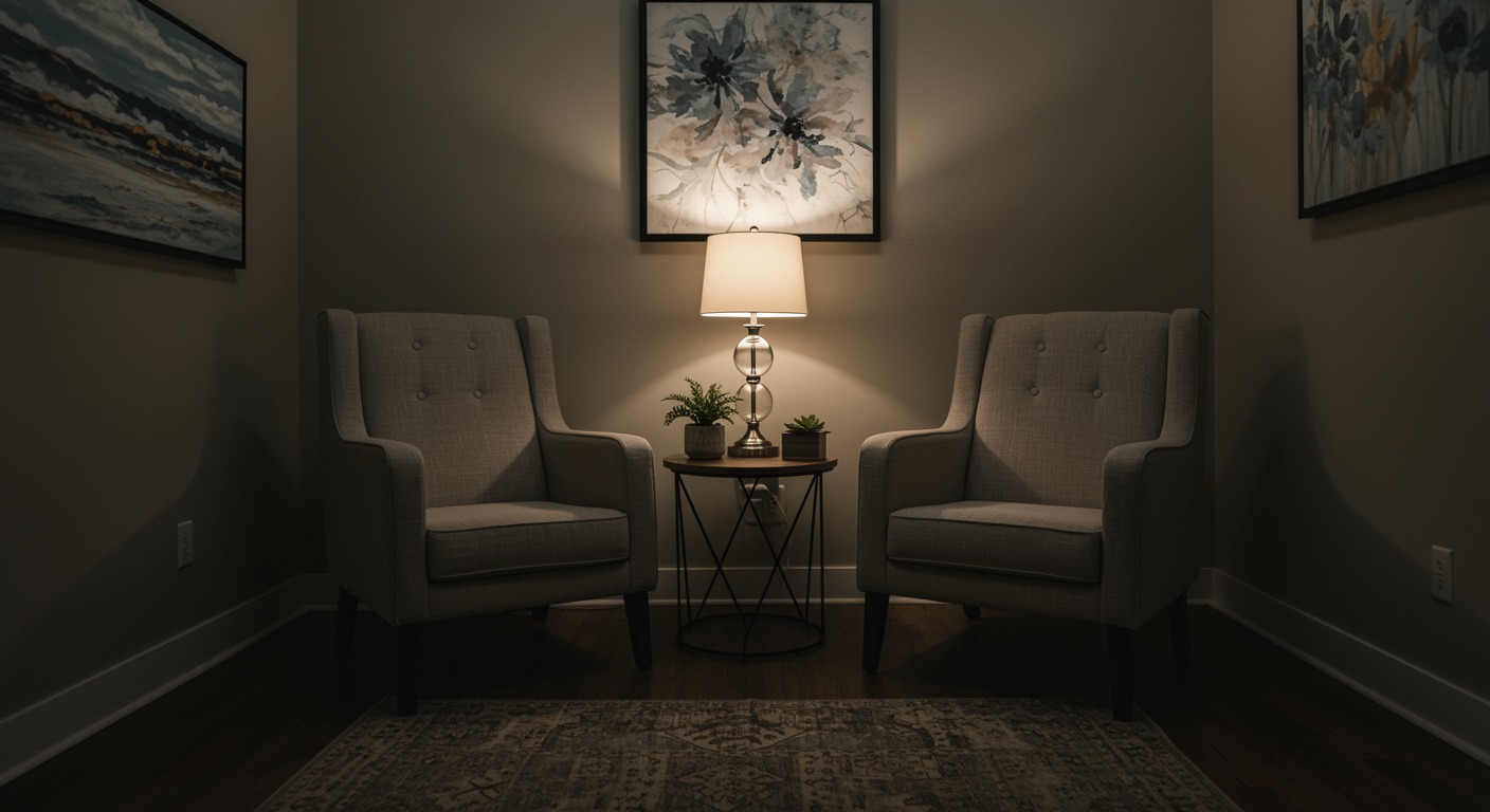 Therapist office with two comfortable chairs and soft neutral tones with gentle indirect lighting
