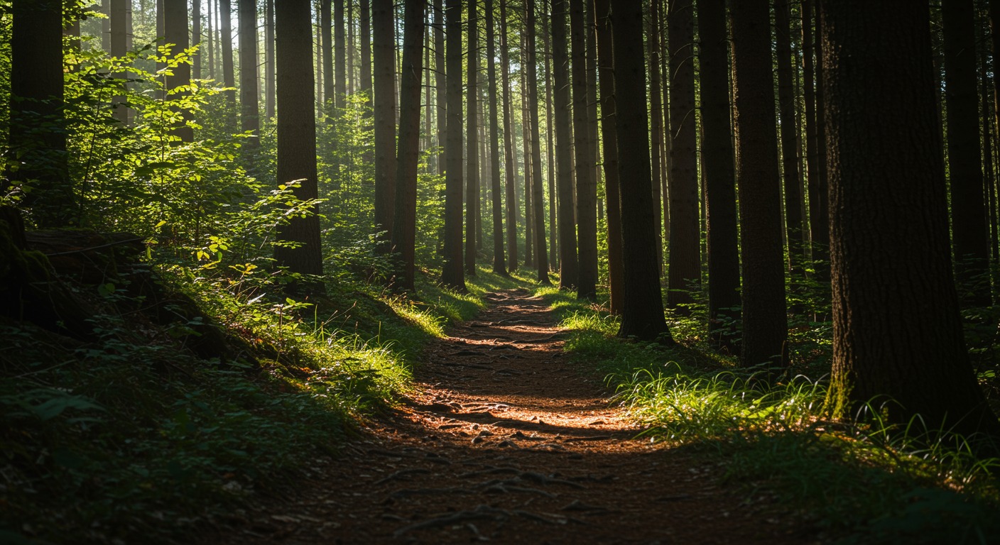 Forest trail with sunlight