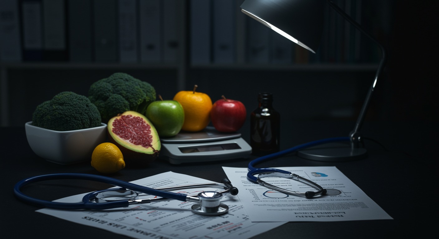 Medical scale and stethoscope on a desk with healthy foods and research papers showing obesity-GERD connection studies