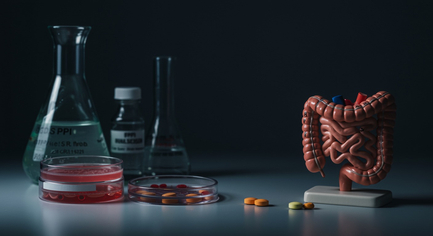 Medical laboratory showing PPI medications alongside bacterial culture plates and small intestine anatomical models