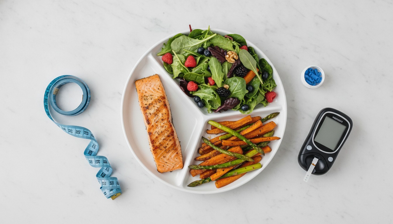 Overhead flat-lay of a balanced plate of food with measuring tape and a glucometer on a white table
