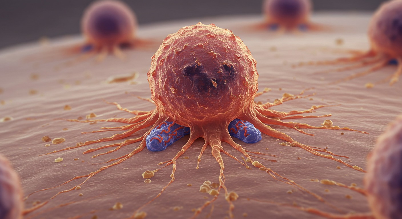 Illustration of metabolism and cancer cells representing metabolic dysfunction and cancer risk