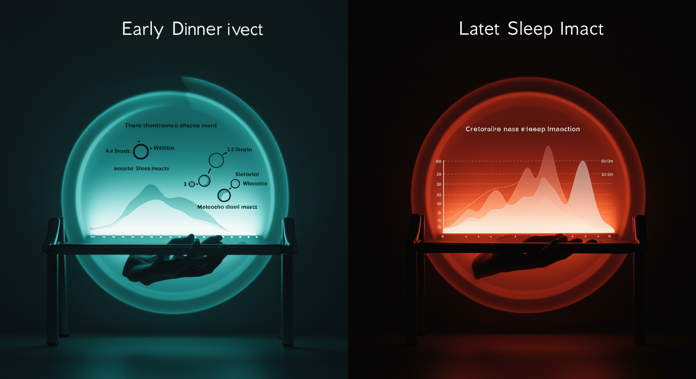 Photorealistic comparison of early vs late dinner timing with metabolic and sleep impact visualization, showing circadian disruption, soft chronobiological lighting, no text