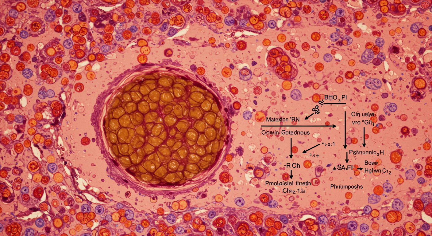 Microscopic view of brown adipose tissue with metabolic pathway diagram