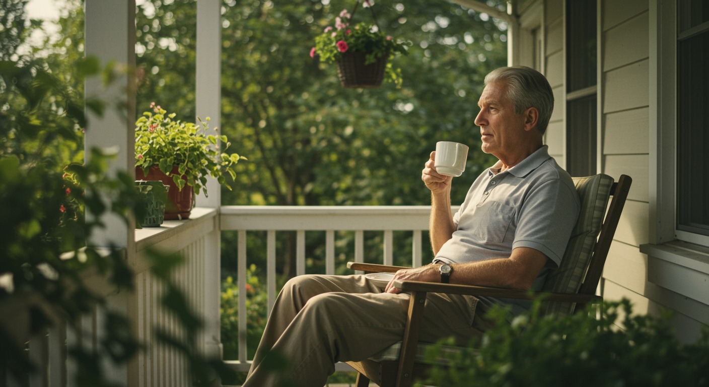 Older adult enjoying a quiet morning on a porch with a cup of coffee, surrounded by greenery in soft warm sunlight