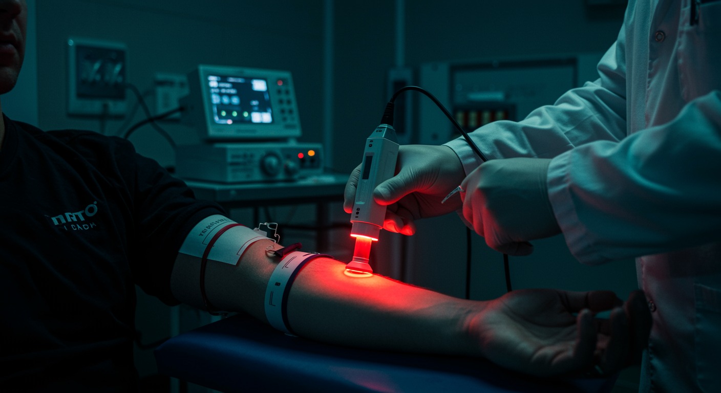 Scientist using advanced monitoring equipment to measure blood flow in a volunteer's forearm during a red light therapy session