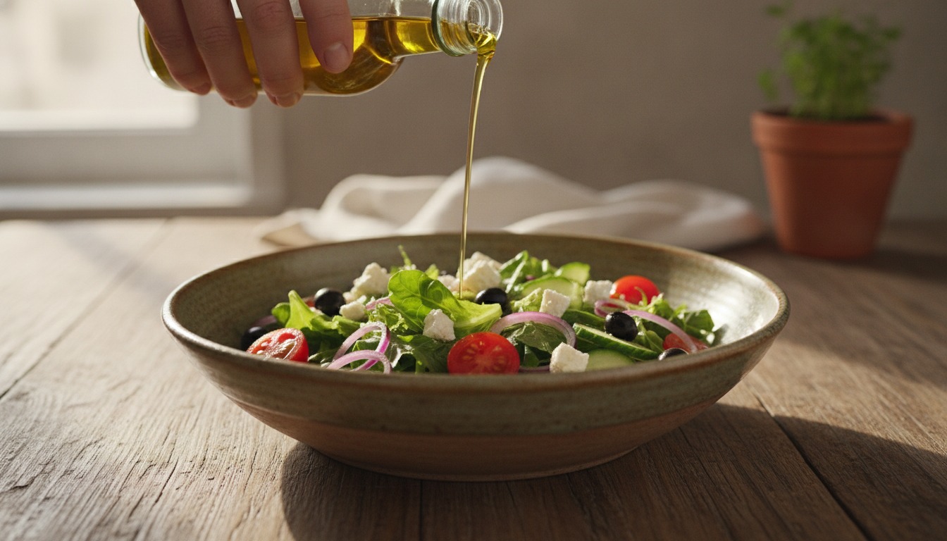 Close-up of a hand drizzling olive oil over a rustic salad bowl on a warm wooden surface with soft window light