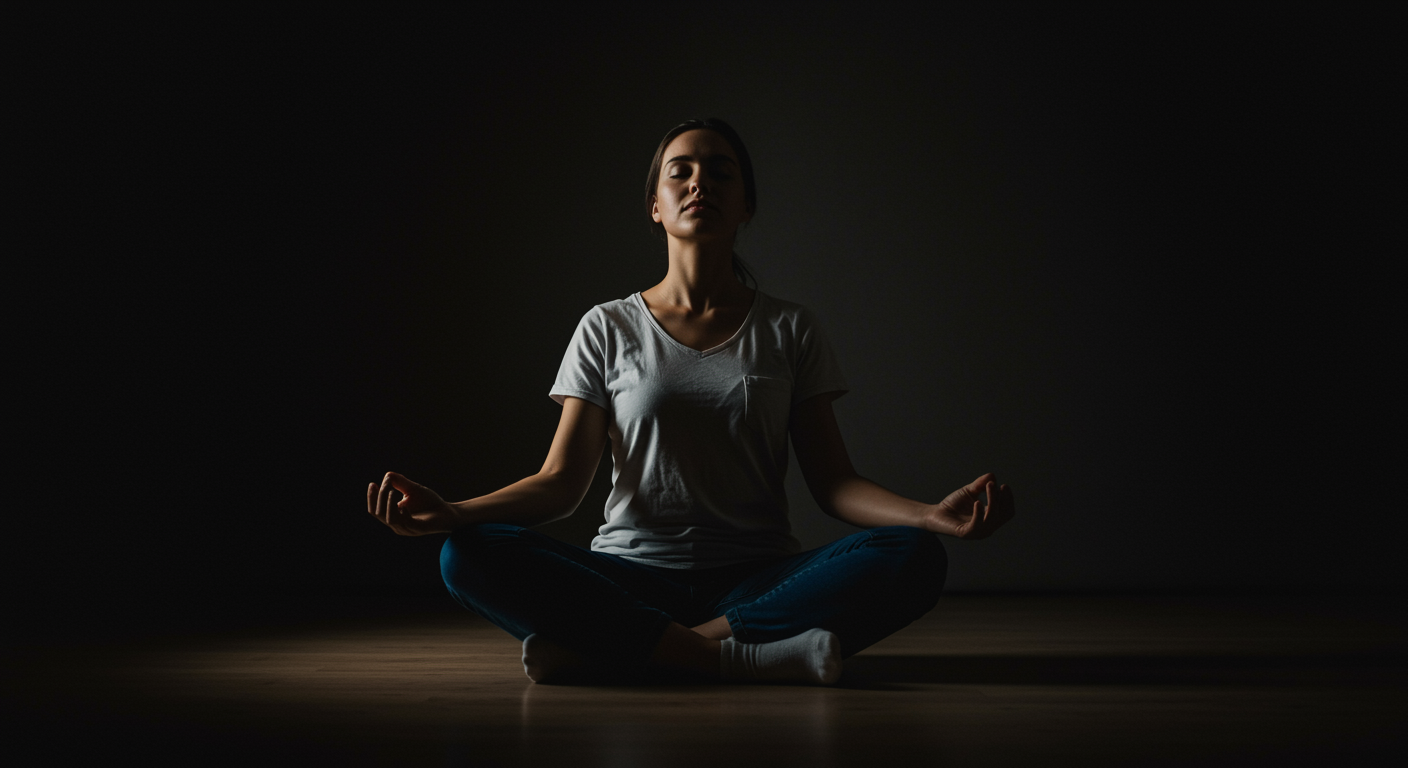 Photorealistic person practicing mindfulness meditation with sleep quality improvement visualization, showing peaceful rest and reduced fatigue, soft meditative lighting, no text