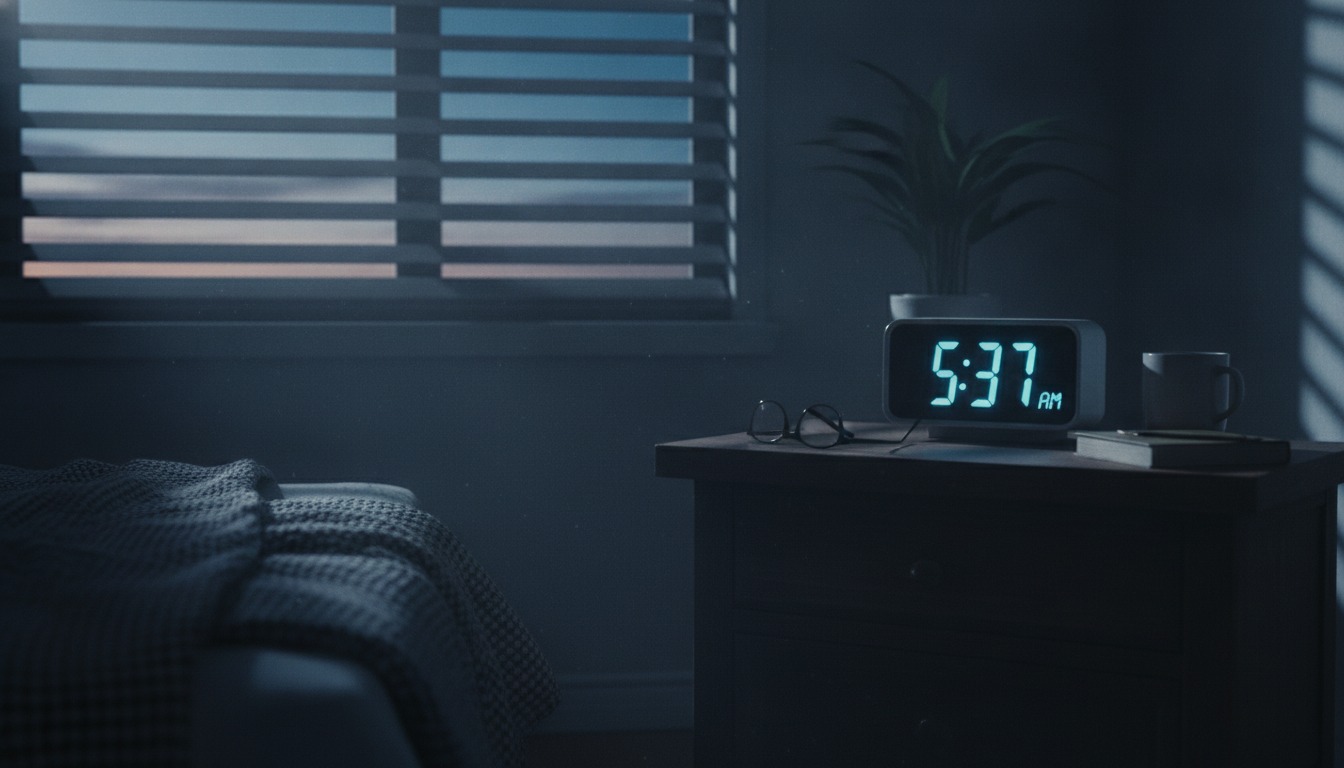 Alarm clock showing early morning time on a nightstand with cool pre-dawn light through blinds