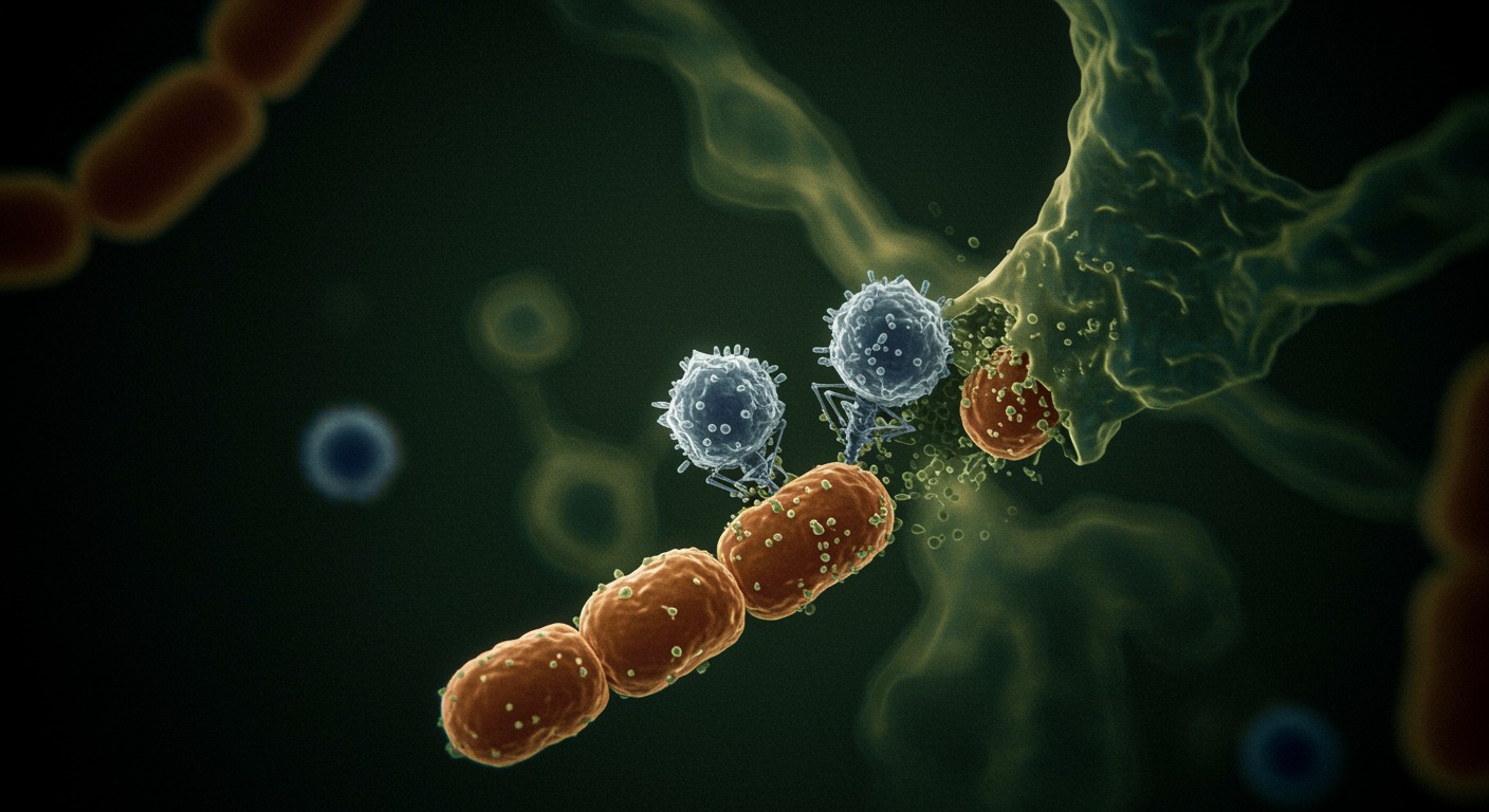 Electron microscope image of bacteriophages attacking bacterial cells under scientific lighting