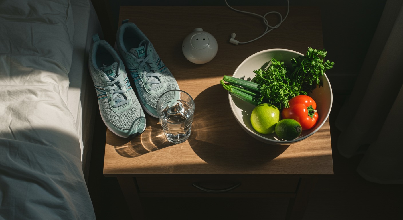 Photorealistic overhead view of a bedside table with a glass of water, running shoes, and a bowl of fresh vegetables in soft morning light, no text