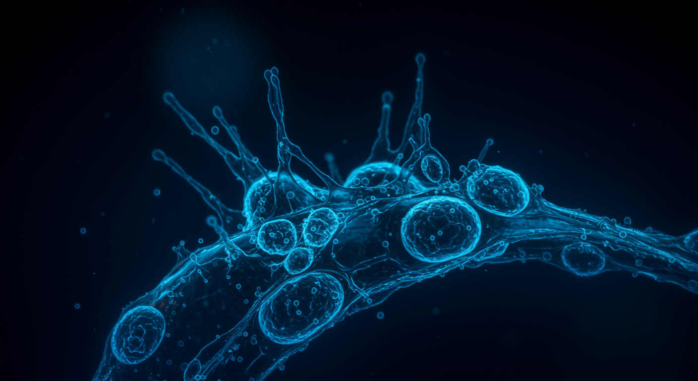 Microscopic view of cellular structures with blue lighting