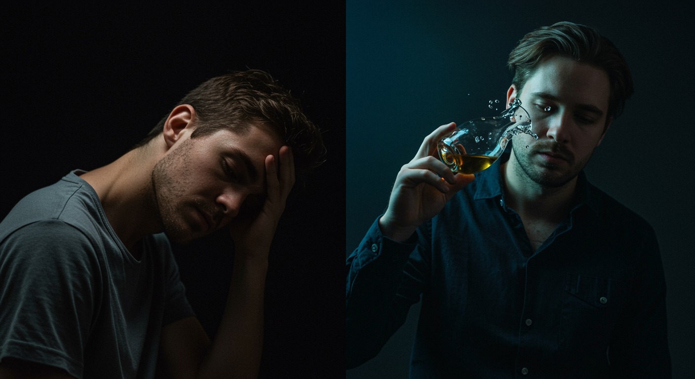 Photorealistic comparison showing sleep-deprived person and alcohol-impaired person with equivalent performance metrics, demonstrating similar impairment levels, soft comparative lighting, no text