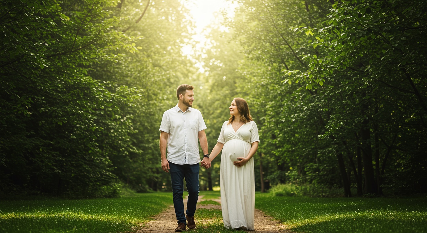 A man and a pregnant woman walking together through a sunlit park path surrounded by green trees, warm natural light, cinematic photography