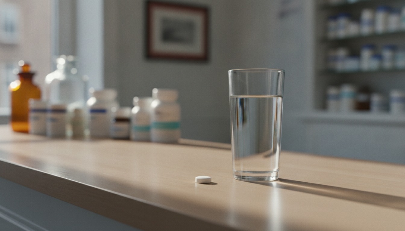 A single small white tablet resting on a pharmacy counter beside a glass of water in soft daylight