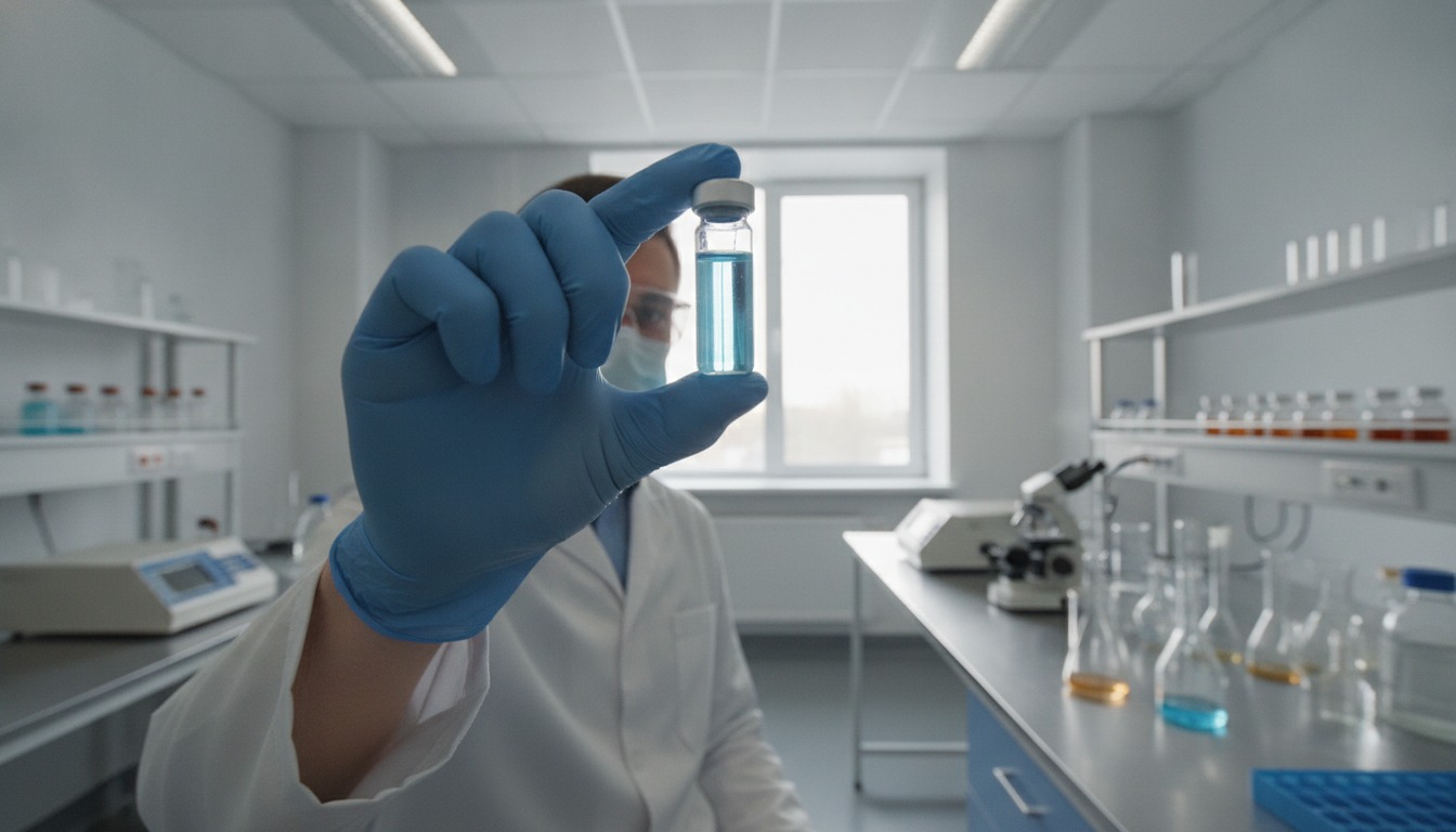 A gloved laboratory scientist holding a small clear glass vial up to soft daylight in a bright modern lab