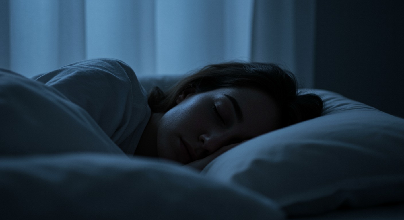 Close-up of a peaceful sleeping face on white pillows with soft moonlight blue tones through curtains