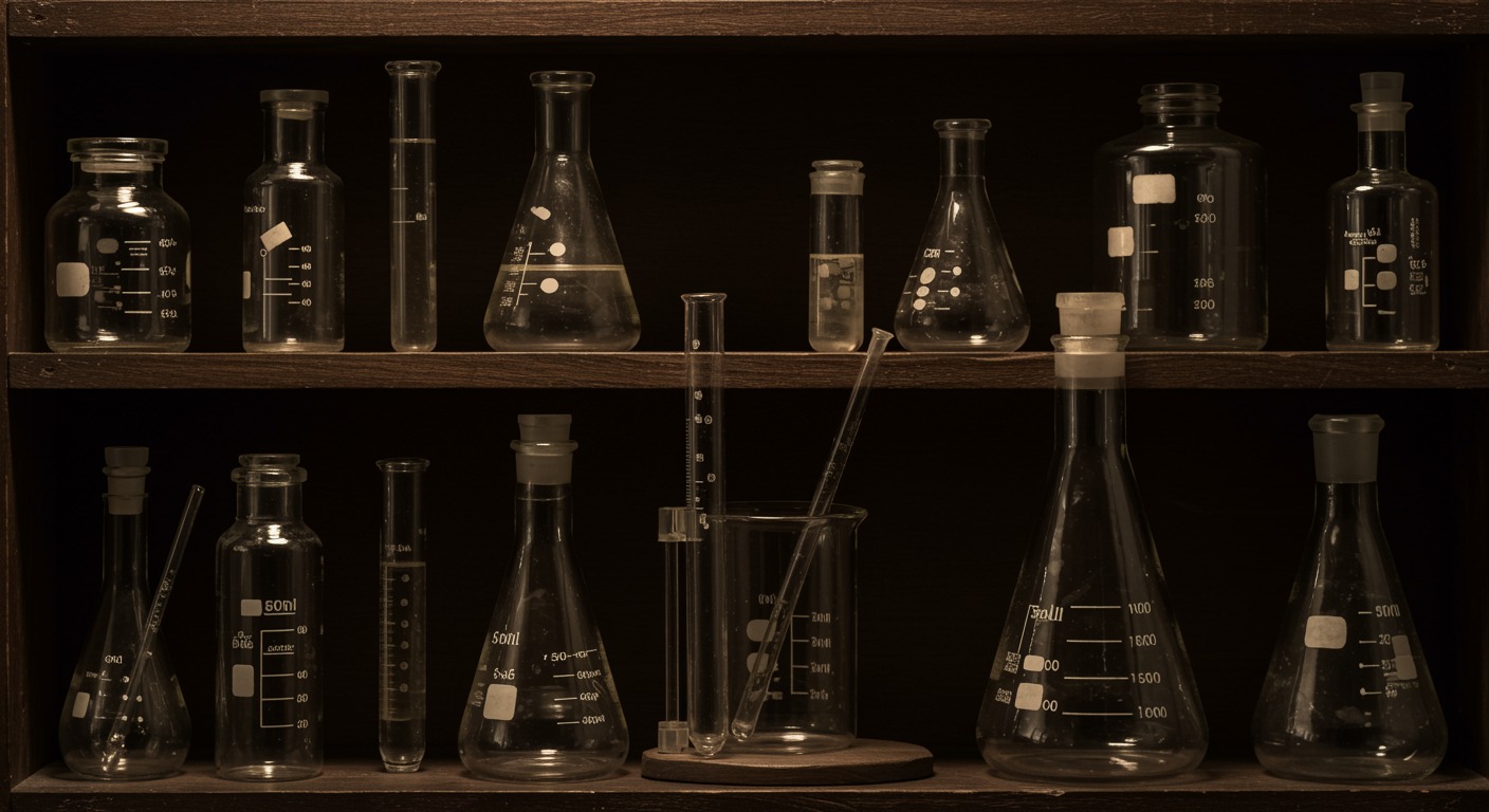 Vintage glass test tubes and beakers on wooden shelves, warm sepia lighting, no text, scientific atmosphere