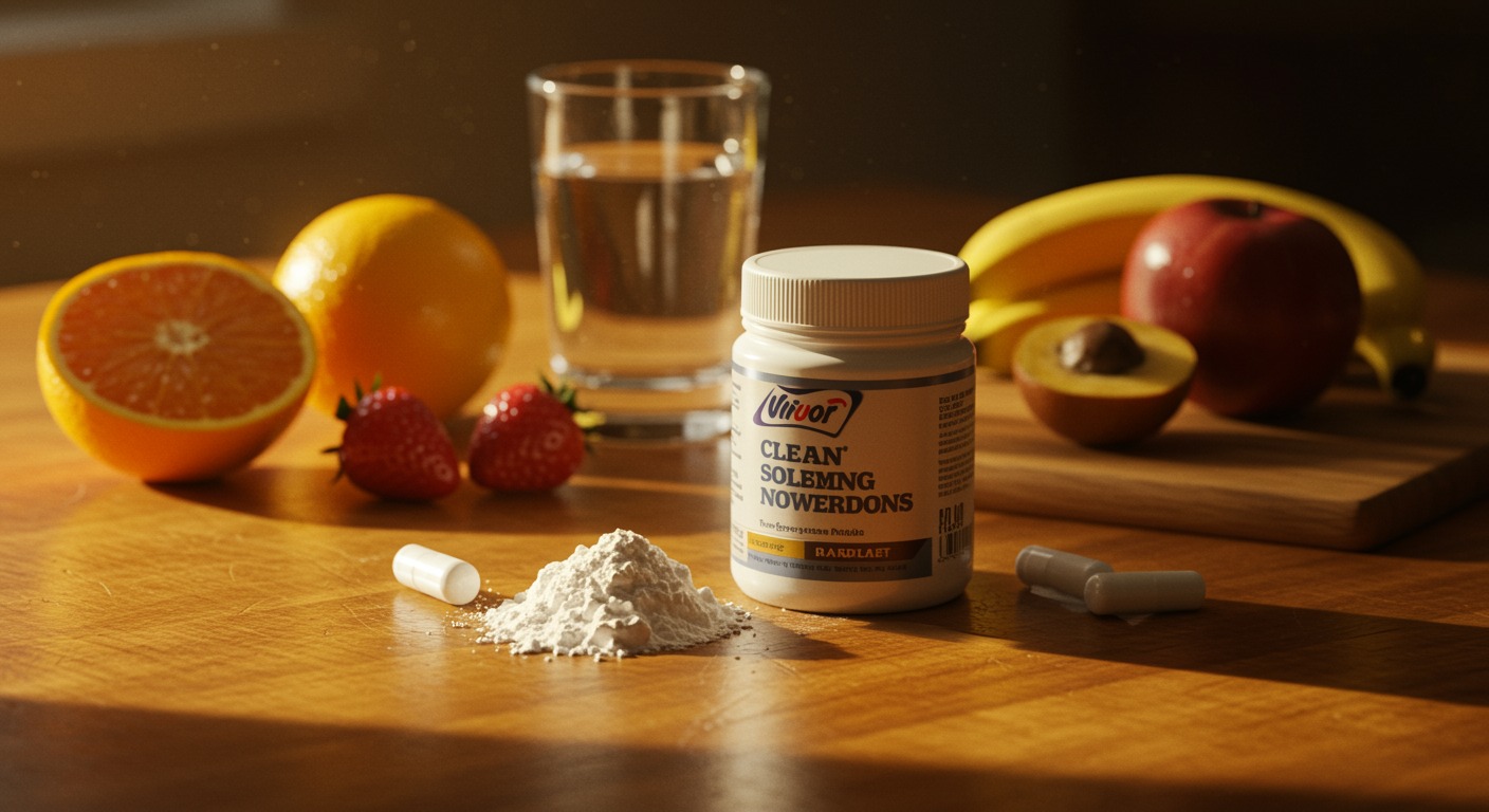 Clean white supplement powder on a warm sunlit wooden table with fresh fruits and a glass of water