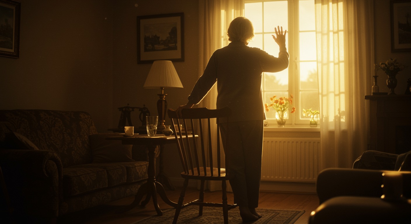 An older woman rising from a wooden chair in a bright, sunlit living room with warm golden light coming through the window
