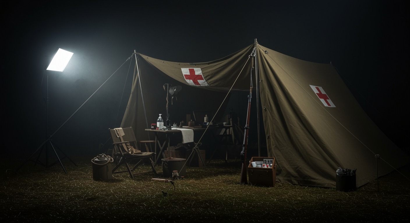 WWII military medical tent with medical supplies under canvas lighting