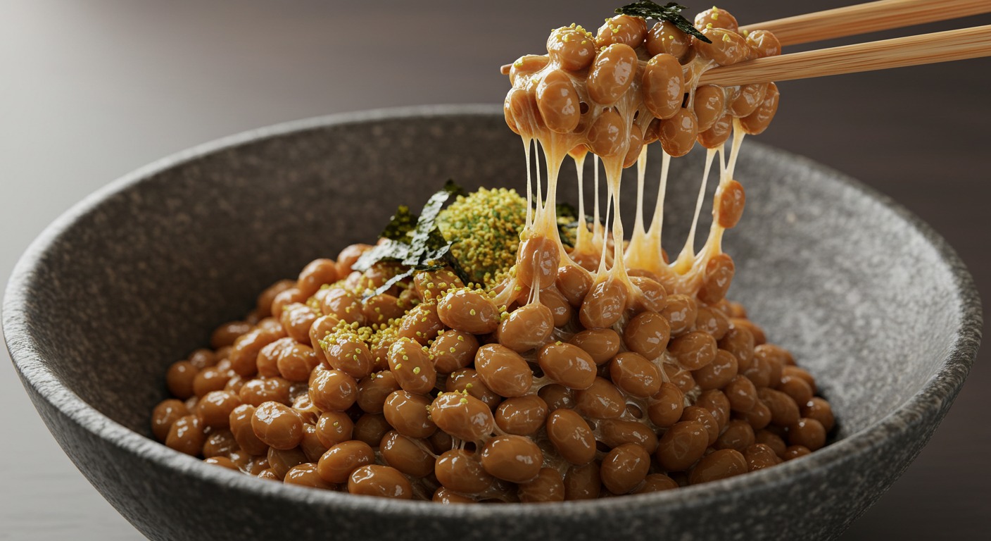 Natto, a traditional Japanese food made from fermented soybeans, in a bowl with chopsticks