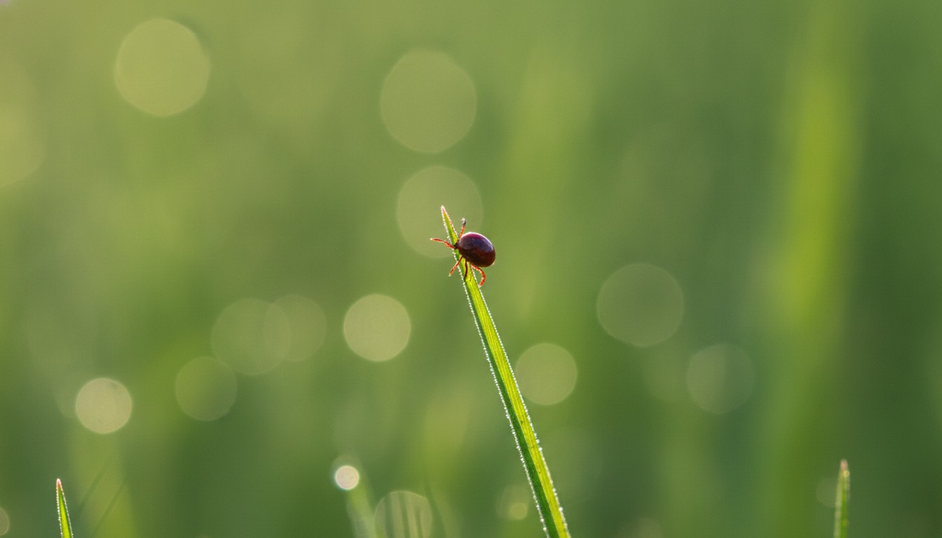 A small deer tick resting on a blade of tall grass at the edge of a sunlit meadow, photographed close up with a soft green background