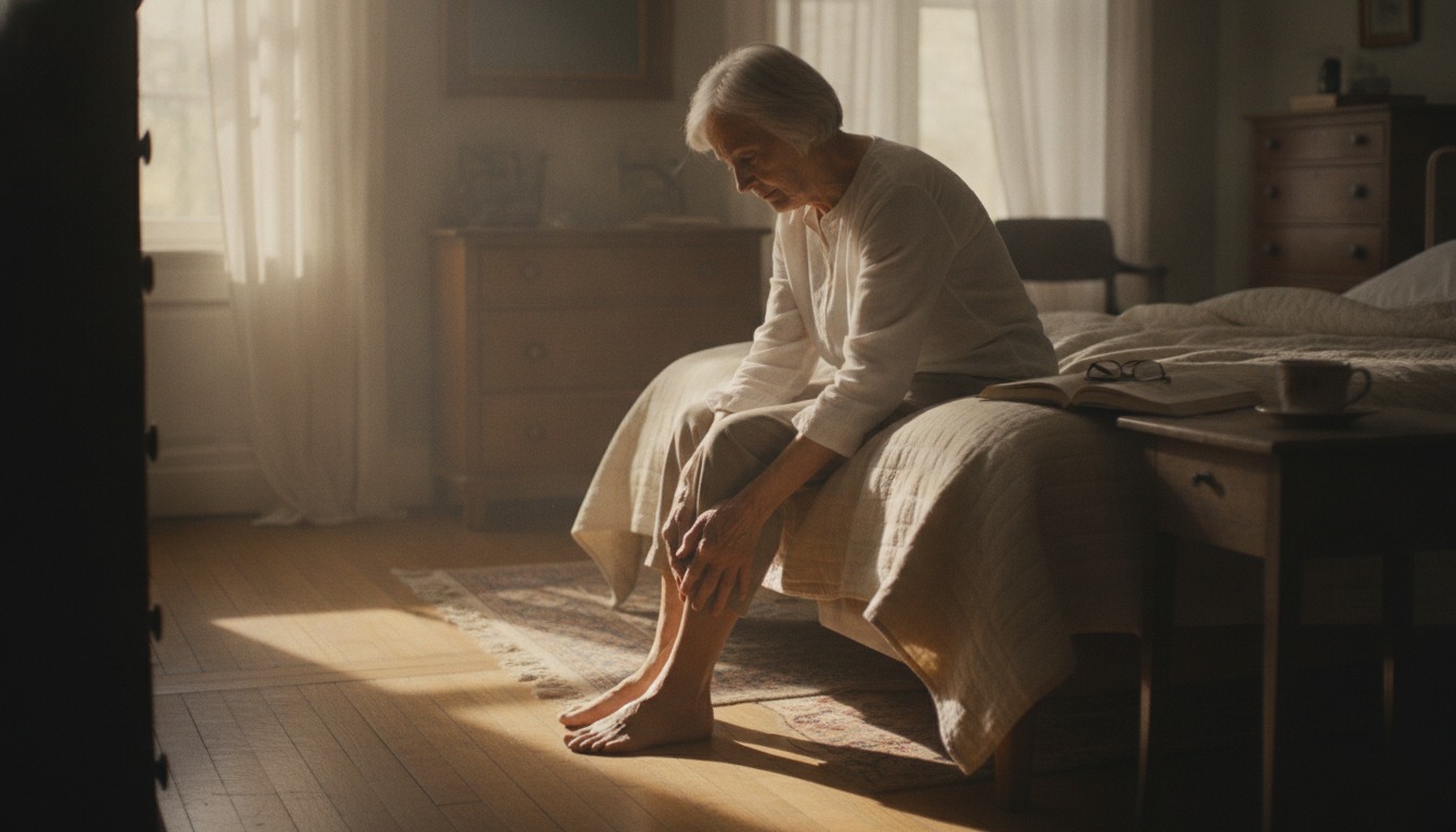 An older adult sitting on the edge of a bed in soft morning light, looking down at their bare feet on a wooden floor